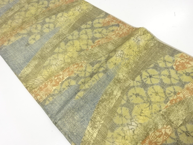 無形文化財本場牛首紬変わり横段に花模様全通袋帯